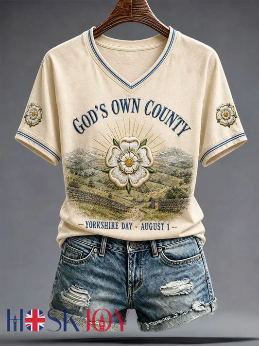 Women’s England Yorkshire Day White Roses Art Printed T-shirt - Creamy-White / S