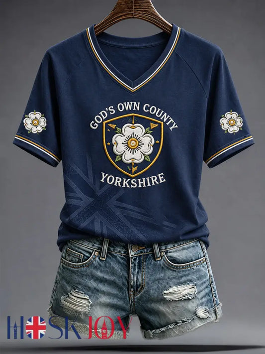 Women’s England Yorkshire Day White Roses Art Printed T-shirt - Deep Blue / S