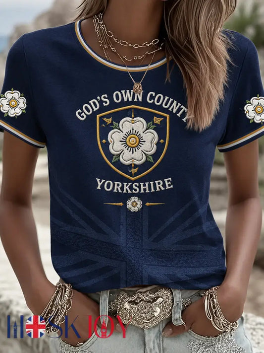 Women’s England Yorkshire Day White Roses Art Printed T-shirt - Deep Blue / S