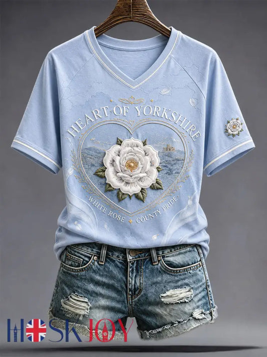 Women’s England Yorkshire Day White Roses Art Printed T-shirt - Light Blue / S