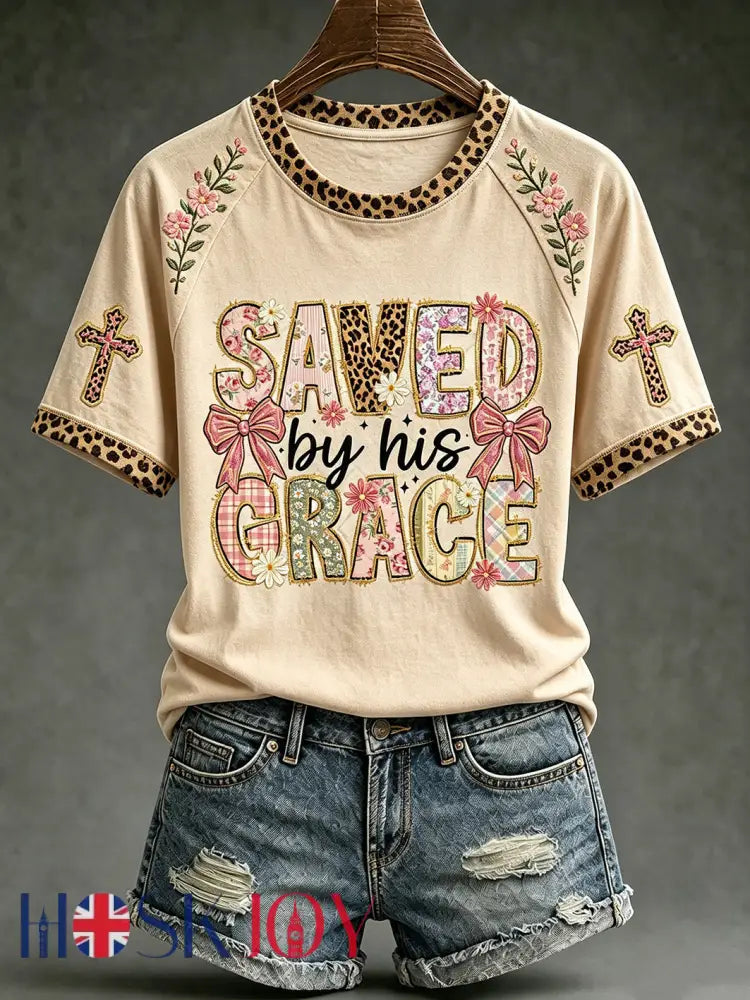 Women’s faith-themed pattern printed casual short-sleeve T-shirt - S / Light khaki