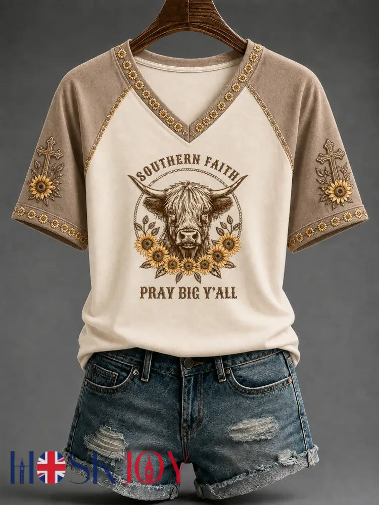 Women’s Faith V-neck Off-shoulder Short-sleeved T-shirt - Beige / S