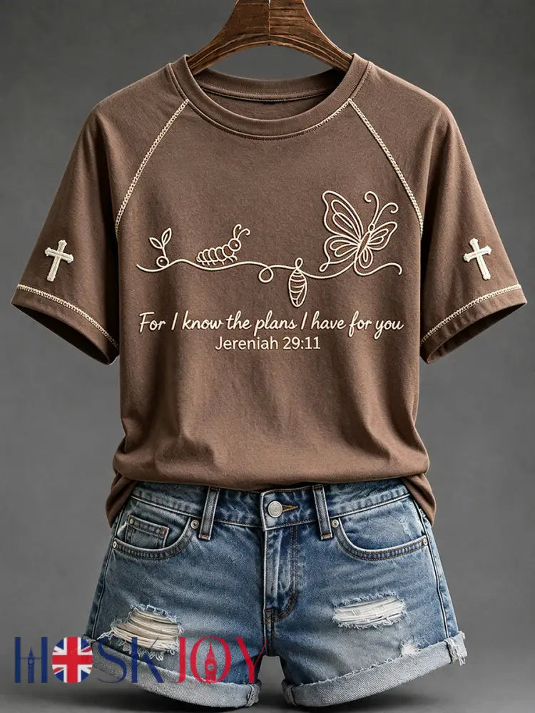 Women’s For I Known The Plans I Have For You Faith Print Round Neck Short Sleeve T-shirt - Brown / S