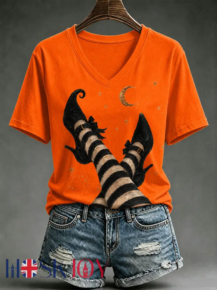 Women’s Fun Halloween Witch Legs Short-sleeved T-shirt - Orange / S