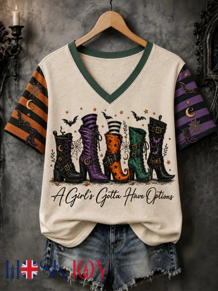 Women’s Funny Halloween A Girls Gotta Have Options Witches Print Casual V-Neck Tee - Creamy-White / S