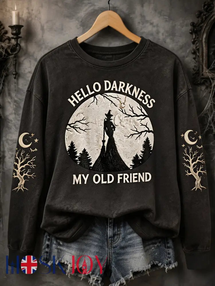 Women’s Funny Halloween Hello Darkness My Old Friend Witch Print Casual Sweatshirt - Black / S