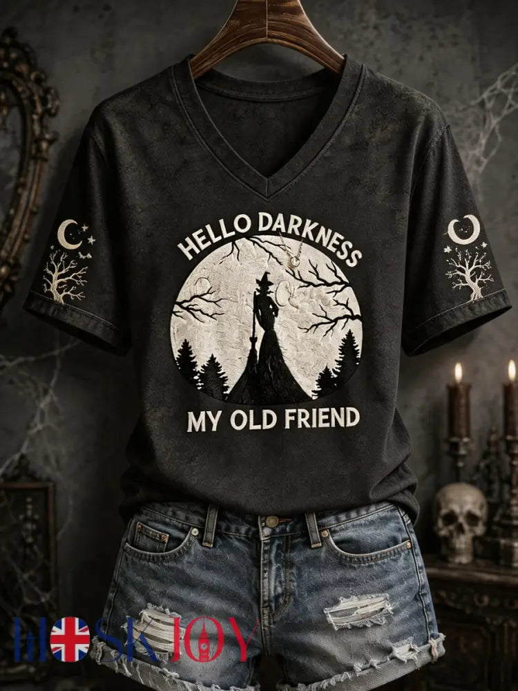 Women’s Funny Halloween Hello Darkness My Old Friend Witch Print Casual V-Neck Tee - Black / S