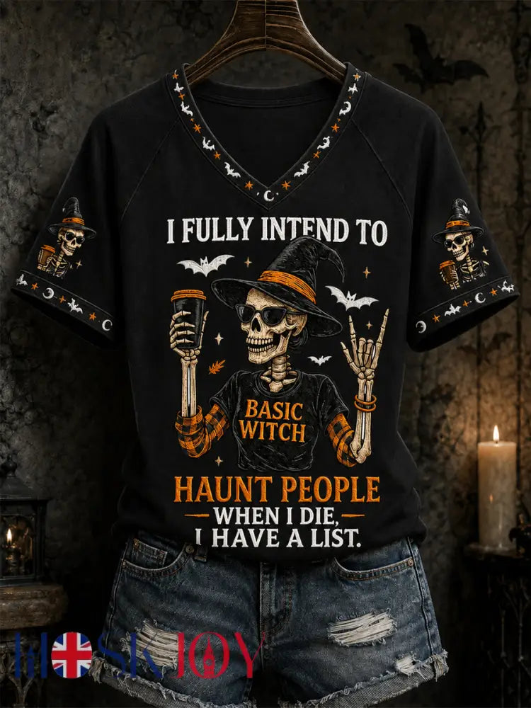 Women’s Funny Halloween Skull Witch Print Casual V-Neck Tee - Black / S