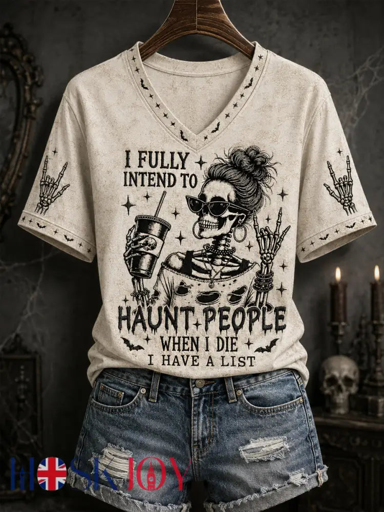 Women’s Funny Halloween Skull Witch Print Casual V-Neck Tee - Creamy-White / S