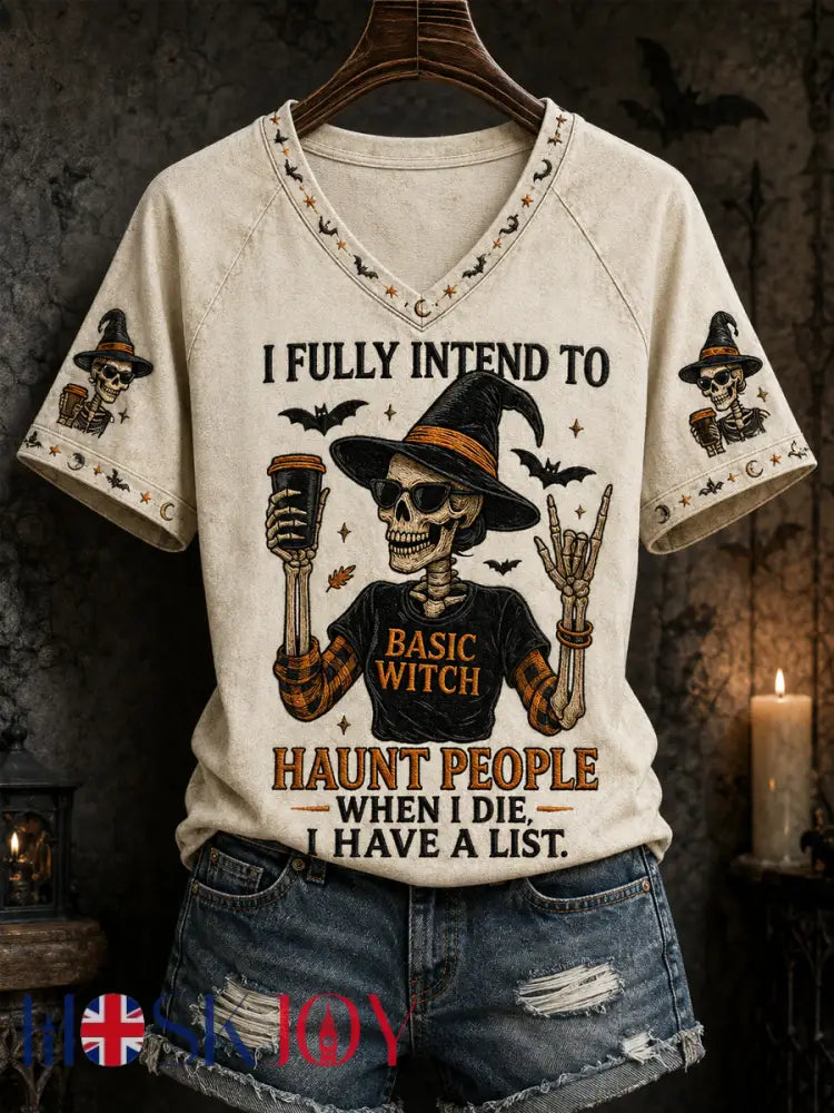 Women’s Funny Halloween Skull Witch Print Casual V-Neck Tee - Creamy-White / S