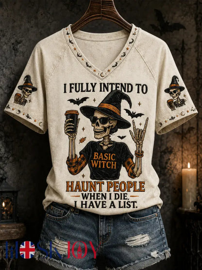 Women’s Funny Halloween Skull Witch Print Casual V-Neck Tee - Creamy-White / S