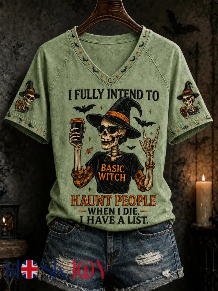 Women’s Funny Halloween Skull Witch Print Casual V-Neck Tee - Green / S
