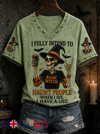 Women’s Funny Halloween Skull Witch Print Casual V-Neck Tee - Green / S