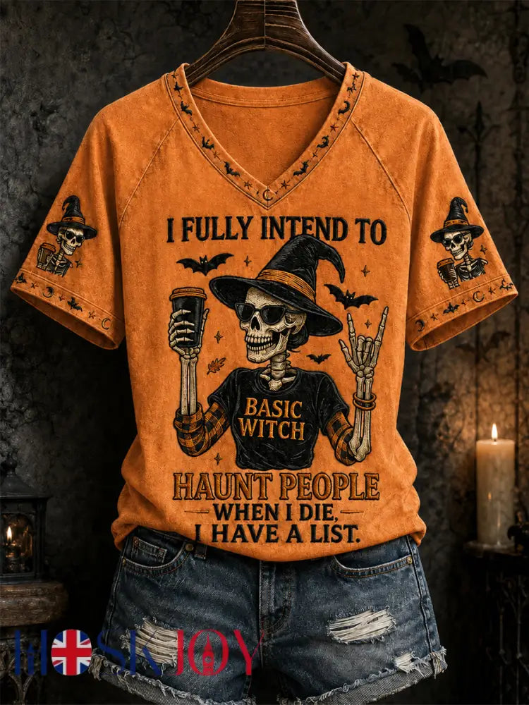 Women’s Funny Halloween Skull Witch Print Casual V-Neck Tee - Orange / S