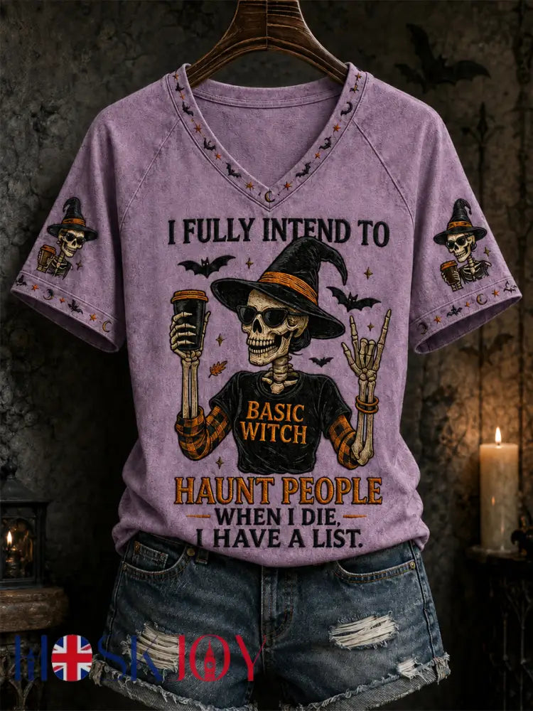 Women’s Funny Halloween Skull Witch Print Casual V-Neck Tee - Purple / S