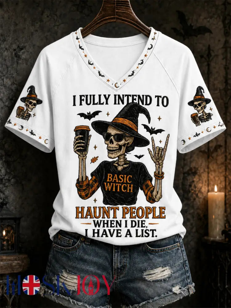 Women’s Funny Halloween Skull Witch Print Casual V-Neck Tee - White / S