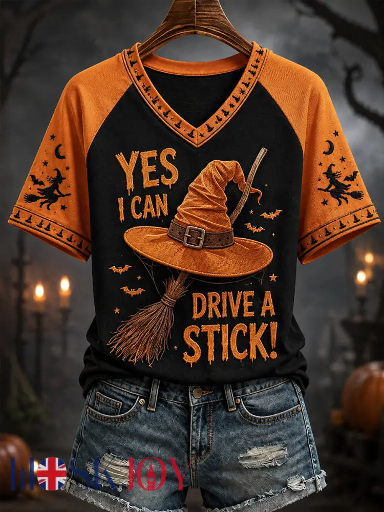 Women’s Funny Halloween Why Yes,Actually I Can Drive A Stick Witch Hat Print Casual V-Neck Tee - Black Orange / S