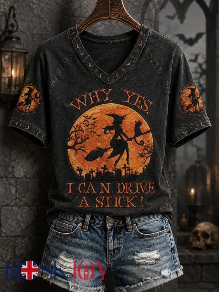 Women’s Funny Halloween Why Yes Actually I Can Drive A Stick Witch Print Casual V-Neck Tee - Black / S
