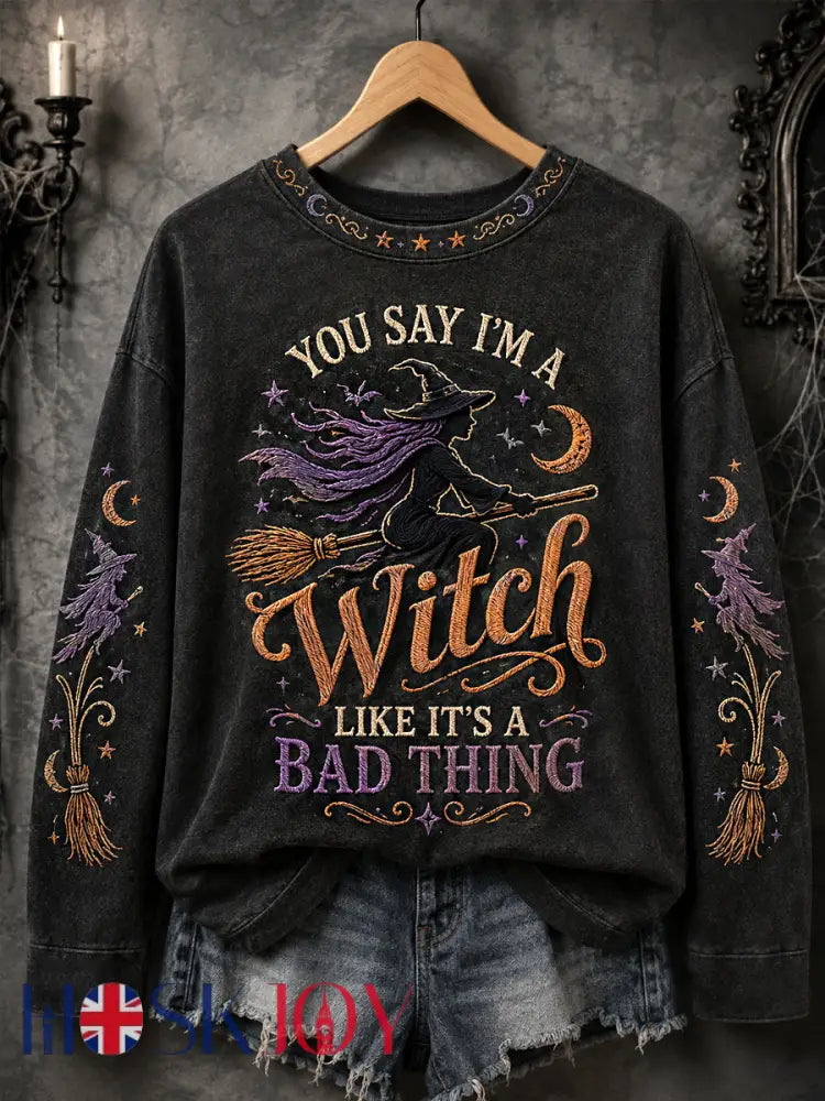 Women’s Funny Halloween Witch Print Casual Sweatshirt - Black / S