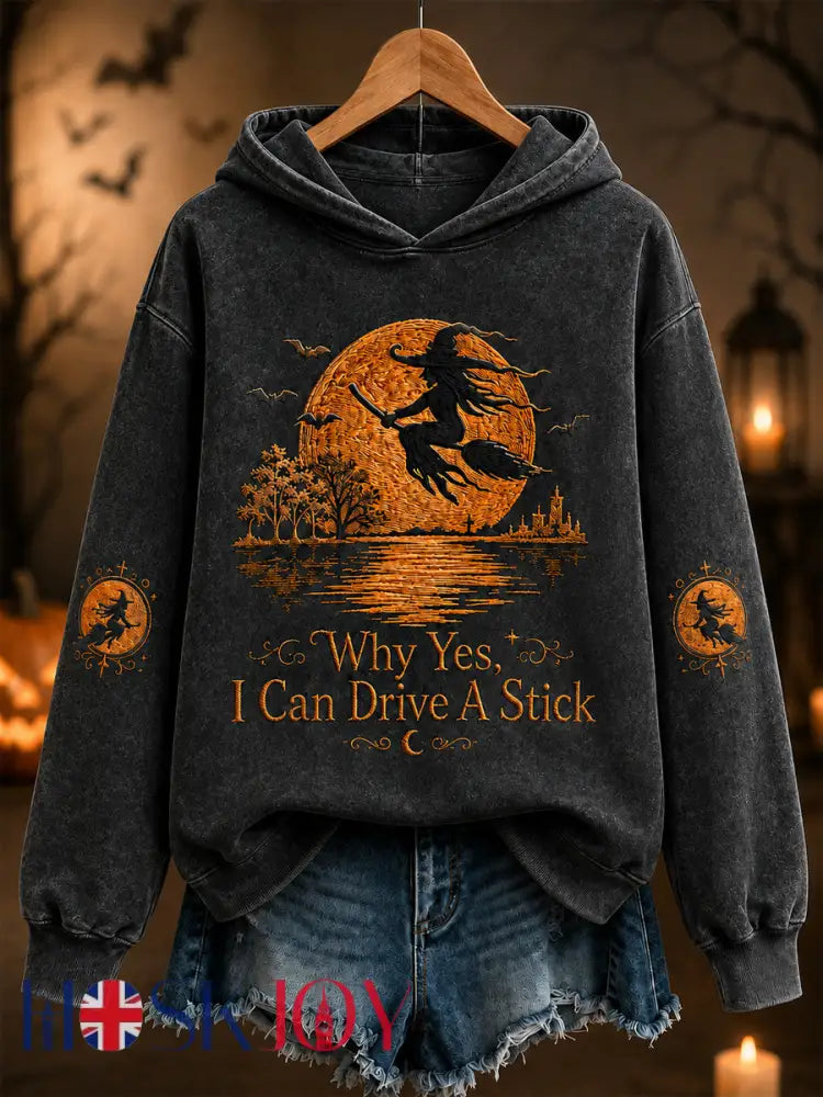 Women’s Funny Halloween Witch Why Yes,Actually I Can Drive A Stick Print Casual Hoodie - Black / S