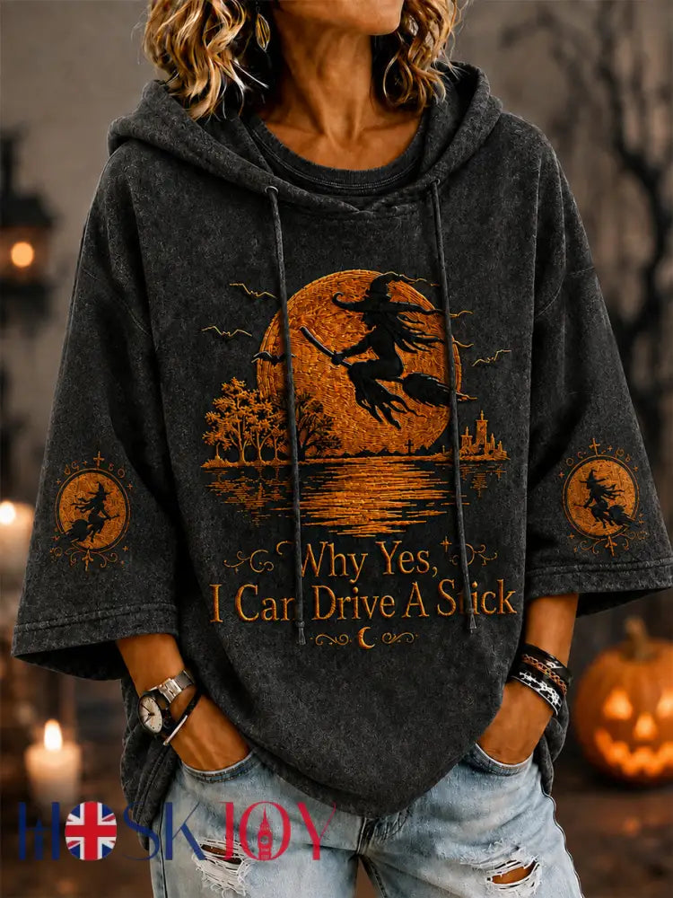 Women’s Funny Halloween Witch Why Yes,Actually I Can Drive A Stick Print Casual Short-Sleeve Hoodie - Black / S