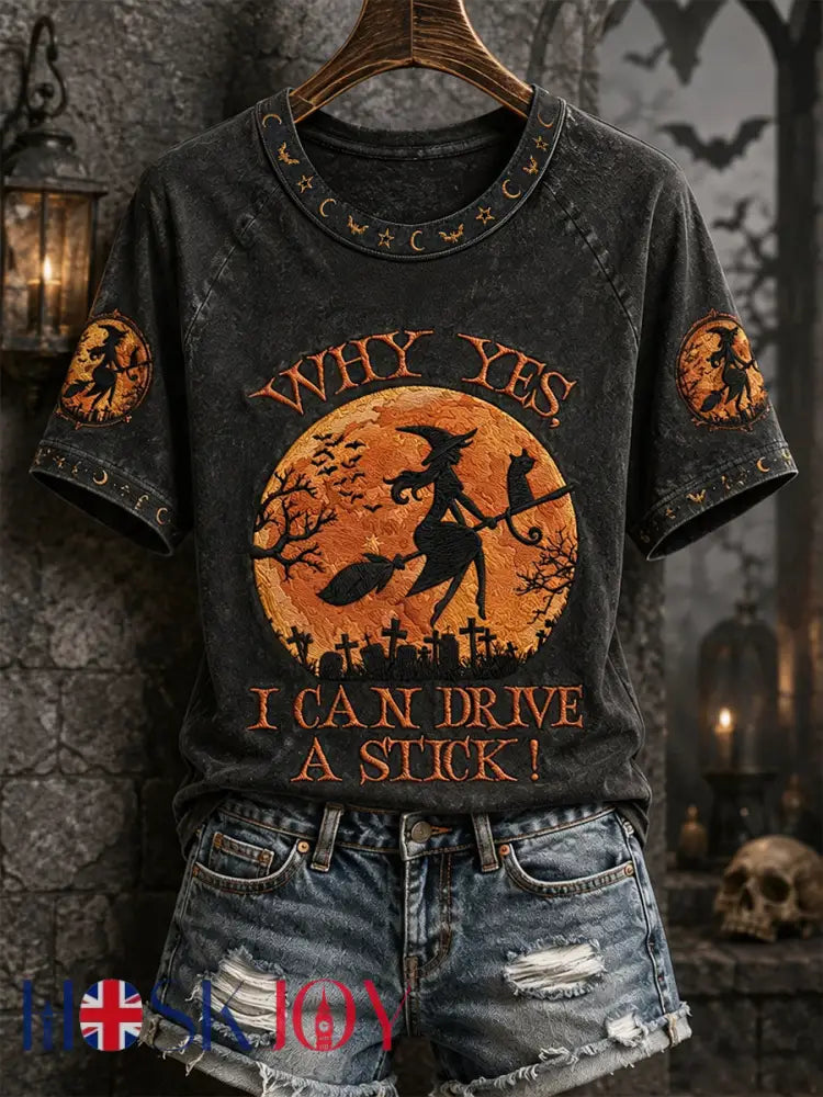 Women’s Funny Halloween Witch Why Yes,Actually I Can Drive A Stick Print Casual Tee - Black / S