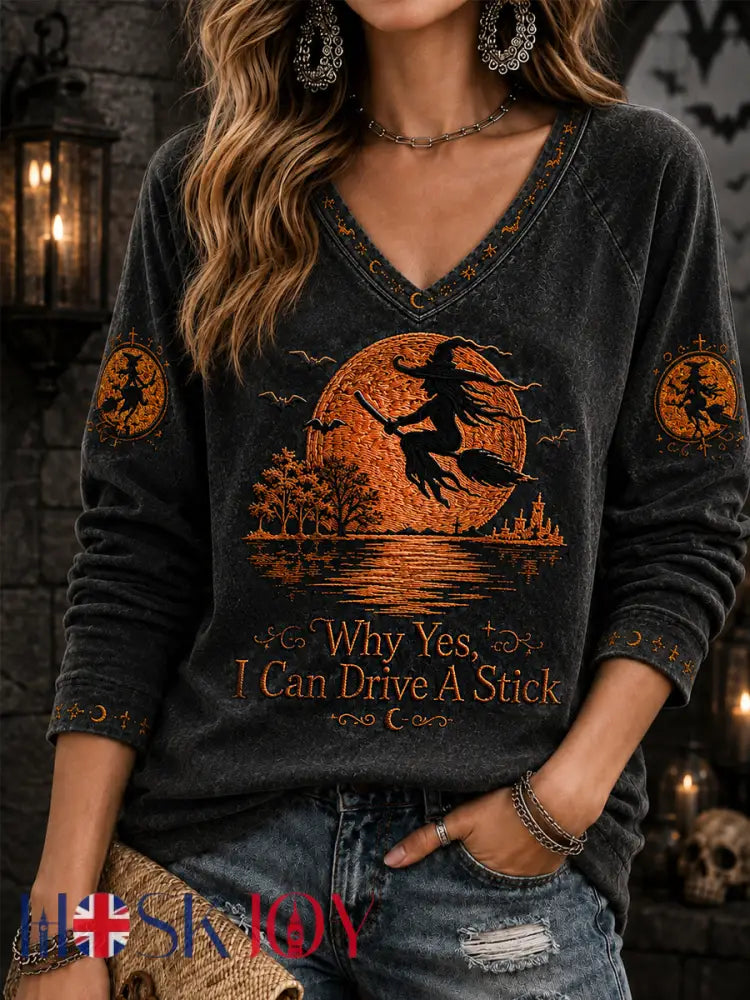 Women’s Funny Halloween Witch Why Yes,Actually I Can Drive A Stick Print Casual V-Neck Long Sleeve T-Shirt - Black / S