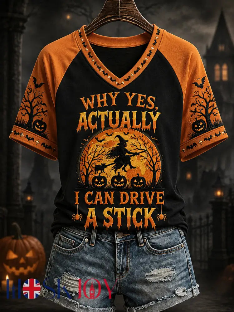 Women’s Funny Halloween Witch Why Yes,Actually I Can Drive A Stick Print Casual V-Neck Tee - Black Orange / S