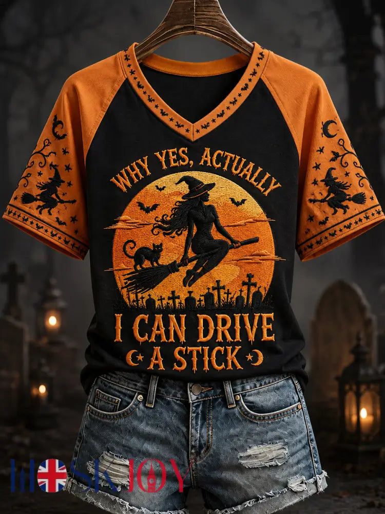 Women’s Funny Halloween Witch Why Yes,Actually I Can Drive A Stick Print Casual V-Neck Tee - Black Orange / S