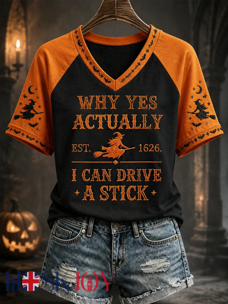 Women’s Funny Halloween Witch Why Yes,Actually I Can Drive A Stick Print Casual V-Neck Tee - Black Orange / S