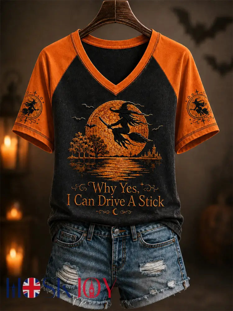 Women’s Funny Halloween Witch Why Yes,Actually I Can Drive A Stick Print Casual V-Neck Tee - Black / S