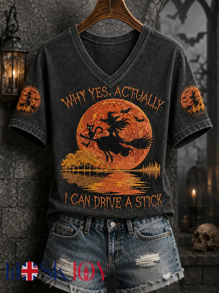 Women’s Funny Halloween Witch Why Yes,Actually I Can Drive A Stick Print Casual V-Neck Tee - Black / S