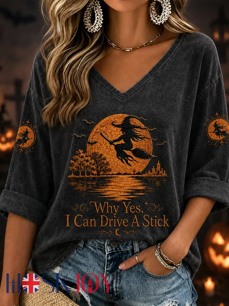 Women’s Funny Halloween Witch Why Yes,Actually I Can Drive A Stick Print Casual V-Neck Tee - Black / S