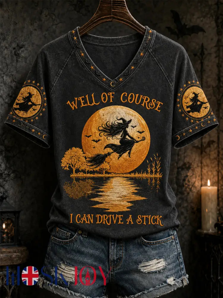 Women’s Funny Halloween Witch Why Yes,Actually I Can Drive A Stick Print Casual V-Neck Tee - Black / S