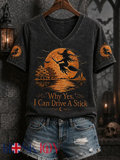 Women’s Funny Halloween Witch Why Yes,Actually I Can Drive A Stick Print Casual V-Neck Tee - Black / S