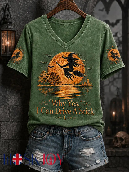 Women’s Funny Halloween Witch Why Yes,Actually I Can Drive A Stick Print Casual V-Neck Tee - Green / S