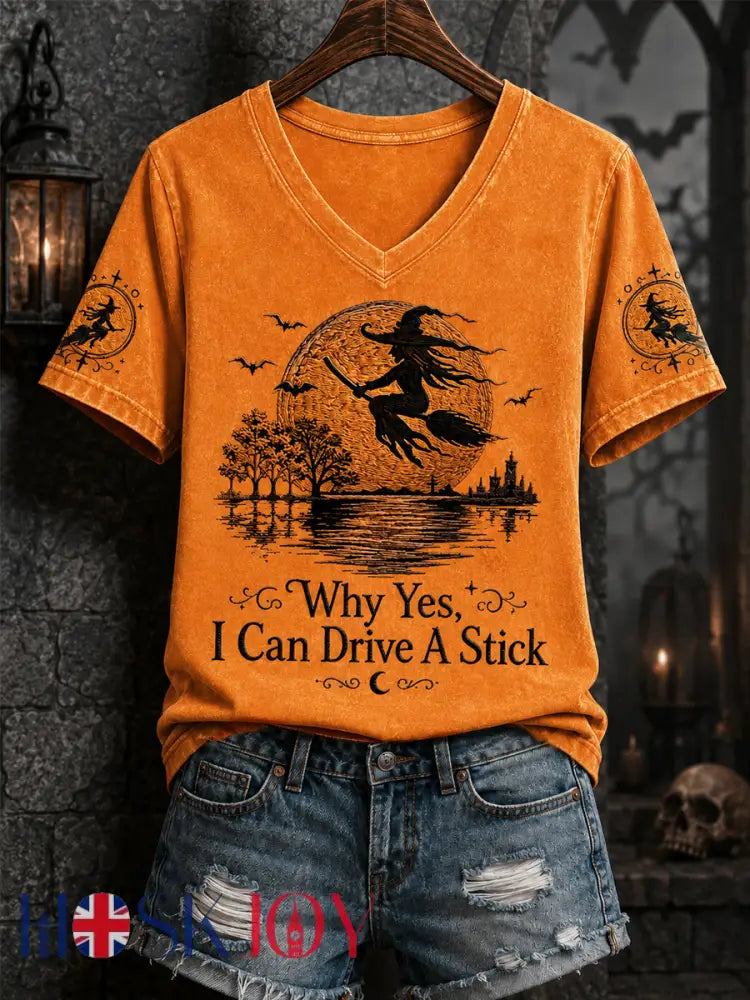 Women’s Funny Halloween Witch Why Yes,Actually I Can Drive A Stick Print Casual V-Neck Tee - Orange / S