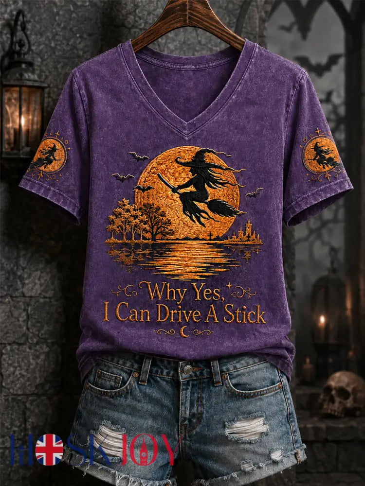 Women’s Funny Halloween Witch Why Yes,Actually I Can Drive A Stick Print Casual V-Neck Tee - Purple / S