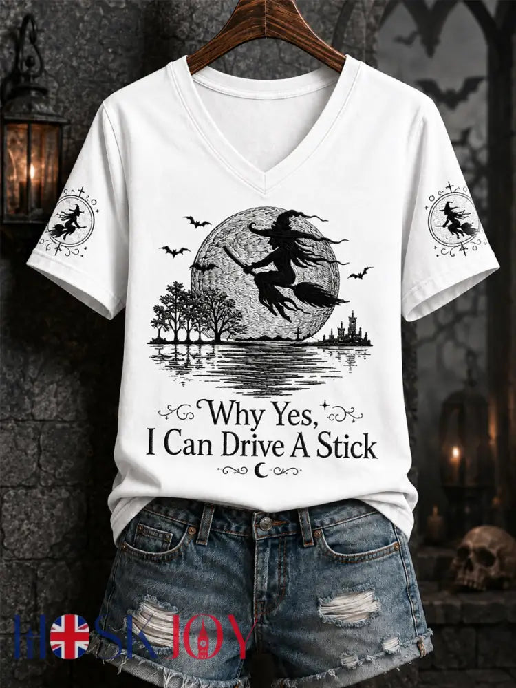 Women’s Funny Halloween Witch Why Yes,Actually I Can Drive A Stick Print Casual V-Neck Tee - White / S