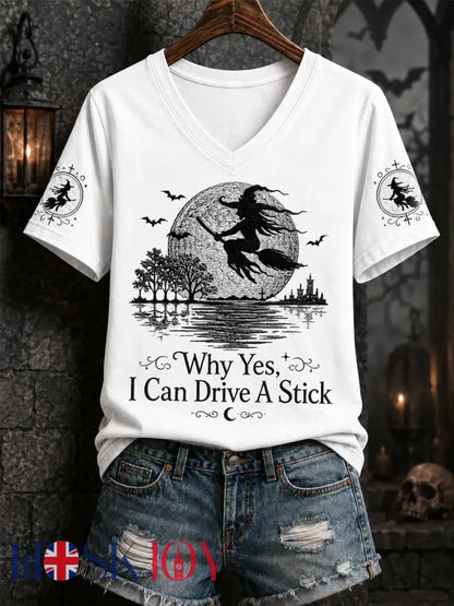 Women’s Funny Halloween Witch Why Yes,Actually I Can Drive A Stick Print Casual V-Neck Tee - White / S