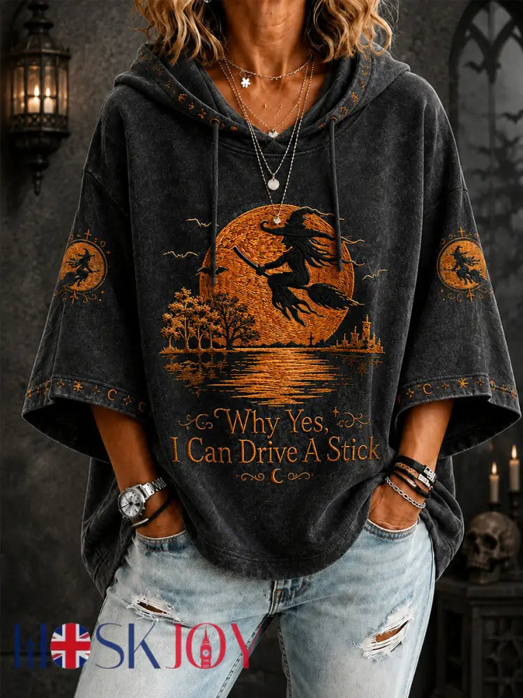 Women’s Funny Halloween Witch Why Yes I Can Drive A Stick Print Casual 3/4 Sleeve Hoodie - Black / S