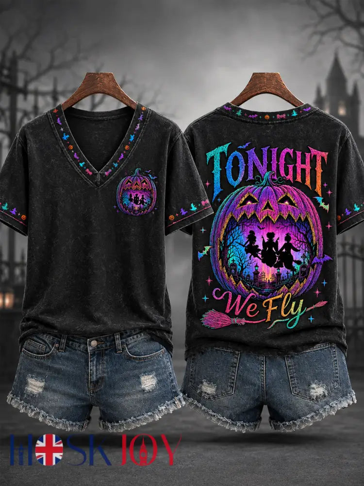Women’s Funny Halloween Witches Print Casual V-Neck Tee - Black / S