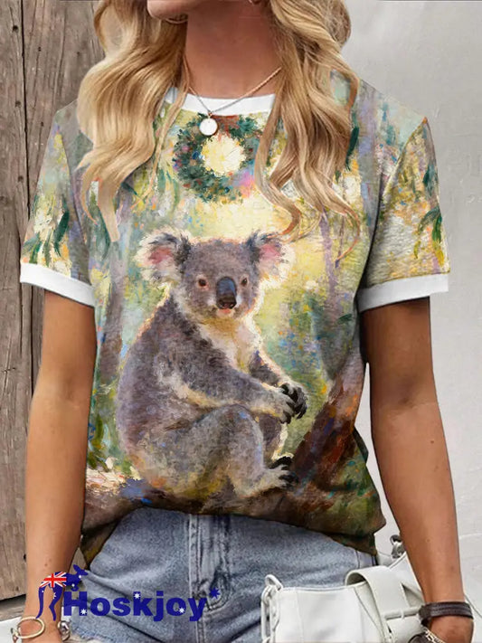Women’s Christmas Funny Koala Art Printed T-shirt Green / S