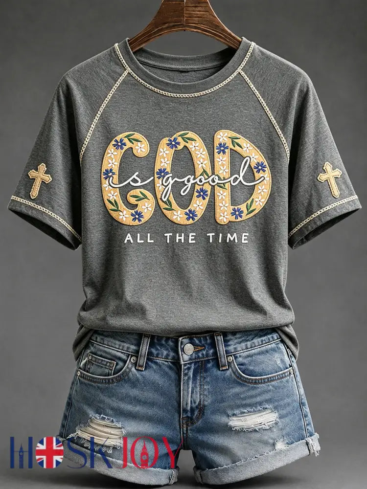 Women’s God Is Good Floral Print Round Neck Short Sleeve T-shirt - Gray / S