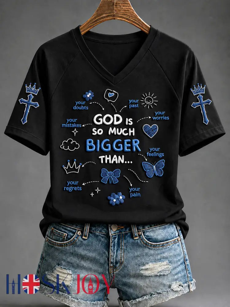 Women’s “God Is So Much Bigger Than...’Faith Print Casual T-shirt - Black / S