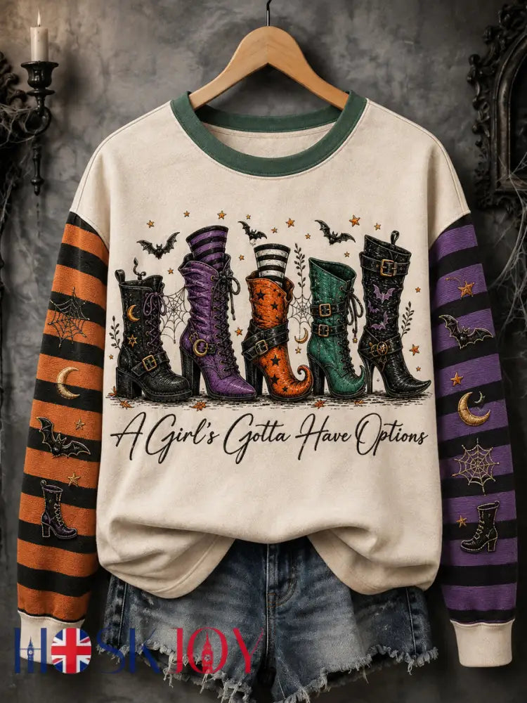 Women’s Halloween A Girls Gotta Have Options Witches Print Casual Sweatshirt - Creamy-White / S