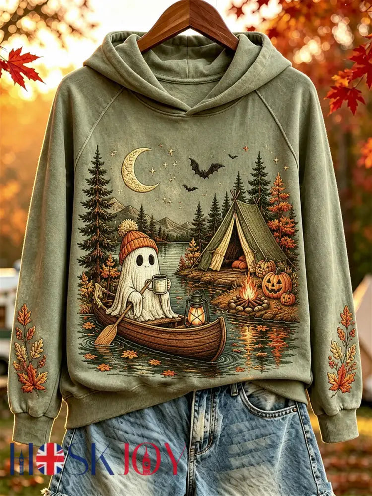 Women’s Halloween Ghost Cozy Fall Camping Print Hoodie - Green / S