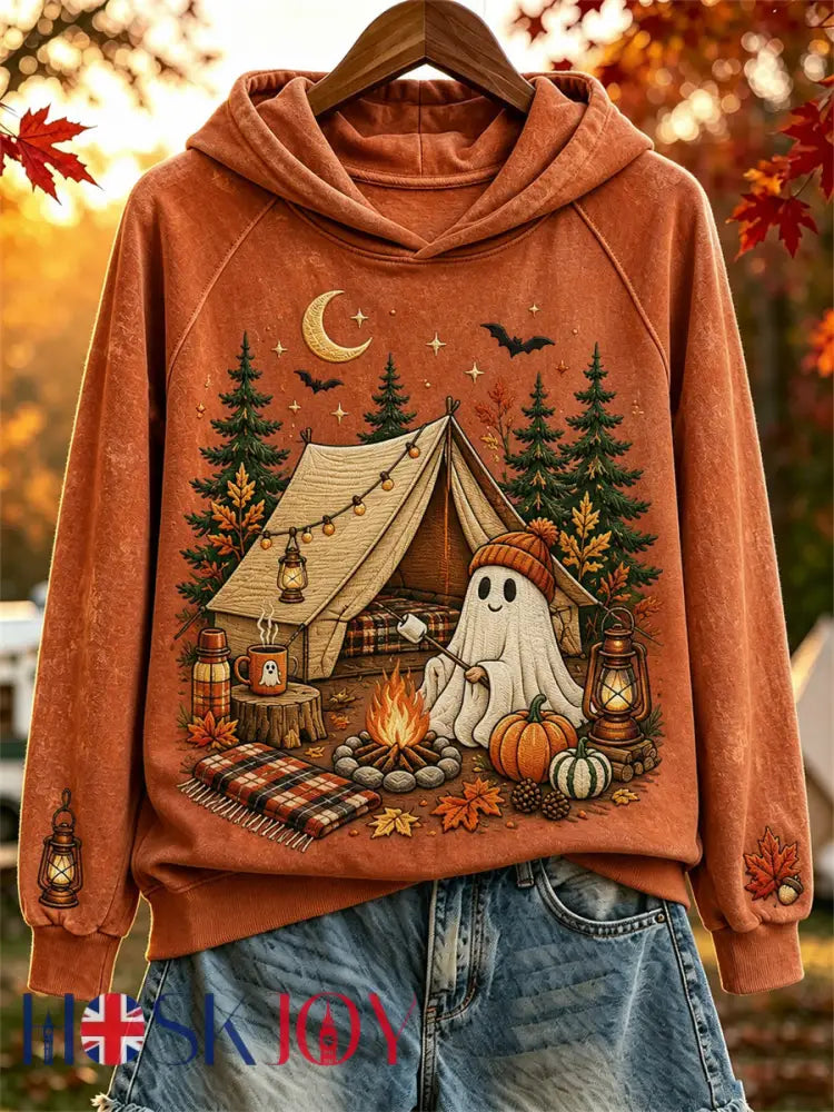 Women’s Halloween Ghost Cozy Fall Camping Print Hoodie - Orange / S