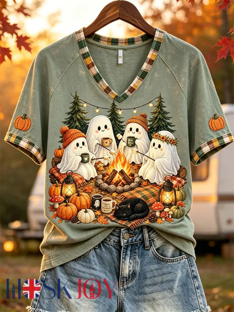 Women’s Halloween Ghosts Cozy Fall Camping Print short sleeve T-shirt - Green / S