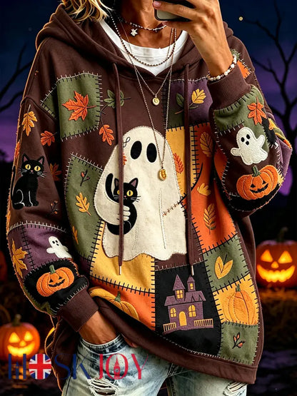 Women’s Halloween Pattern Color Block Printed Causal Hoodie